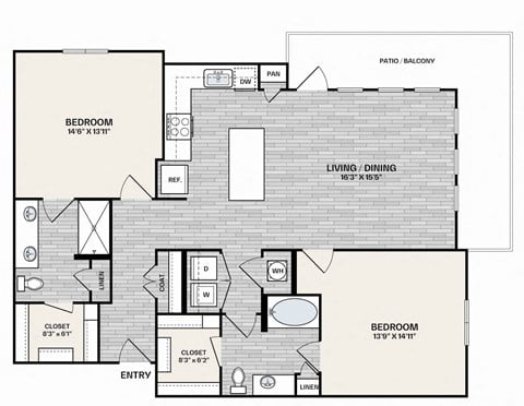 Floor plan for 2 beds, 2 baths, 1288 sqft